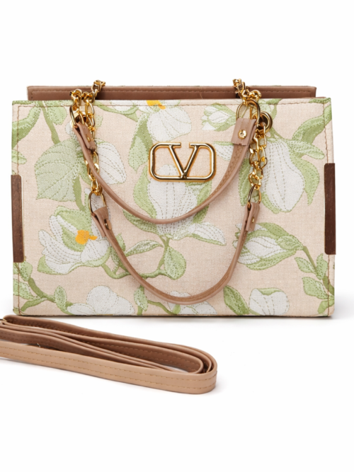 Index - Classy Women's Sling bag with Gold Chain - Cream/Green