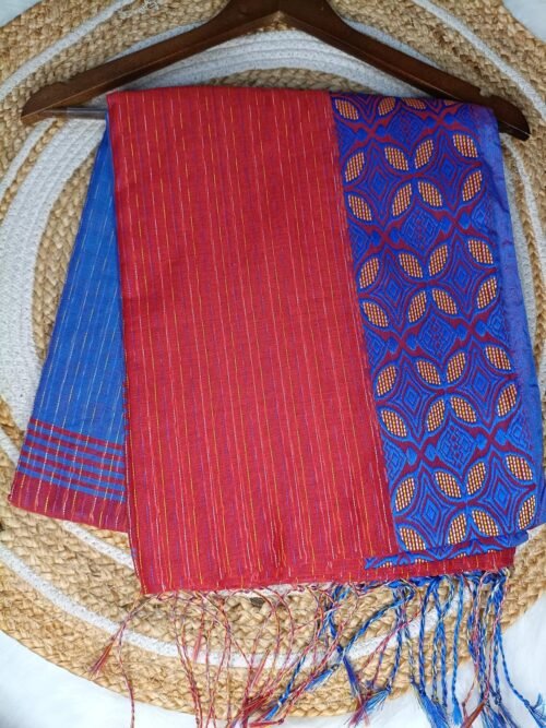 Handloom Cotton Saree - Red/Blue