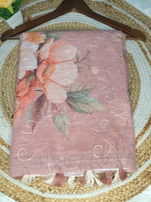 Premium Fancy Cotton with floral print & Embroidery work - Onion Pink