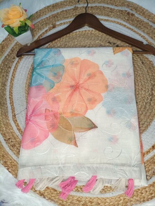 Premium Fancy Cotton with floral print & Embroidery work - White