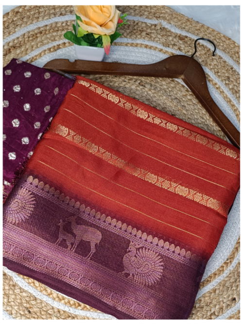 Dola Silk Saree – Rust Orange with Contrast Blouse