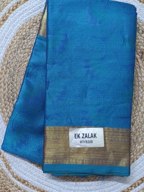 Silk Cotton saree with Golden zari thread work design - Peacock Green