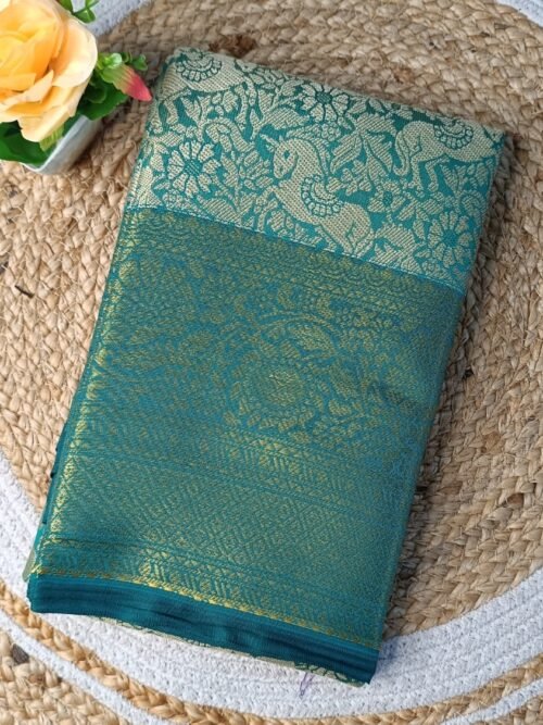 Royal One Gram Gold Zari Saree – Peacock Green & Antique Gold Brocade