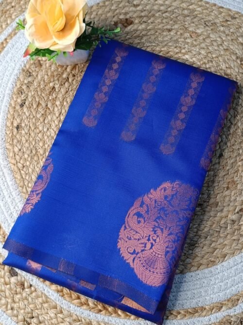 Royal Blue Soft Silk Saree with Golden Zari Stripes & Floral Brocade Pallu