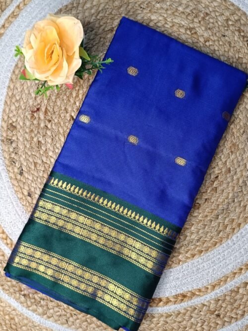 Royal Blue Kalyani Silk Saree with Zari Buttas & Emerald Green Border