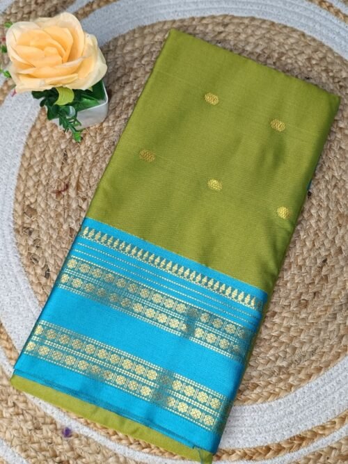 Elegant Olive Green Kalyani Silk Saree with Turquoise Blue Zari Border