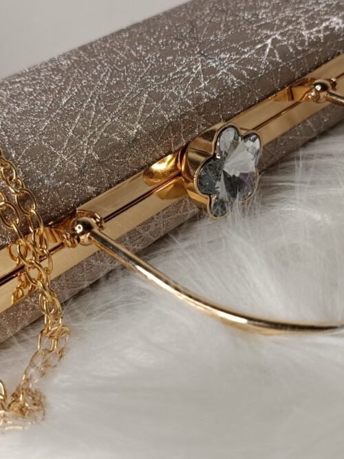 Elegant Champagne Gold Crystal Clutch Bag with Metal Handle & Chain Strap
