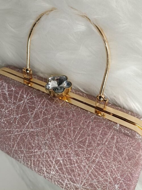 Blush Pink Glitter Evening Clutch Bag with Gold Handle & Chain Strap