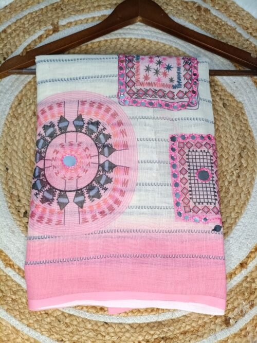 Off White Linen Cotton Saree with Foil Mirror Work and Geometric Embroidery (Pink / Blue / Brown Variants)