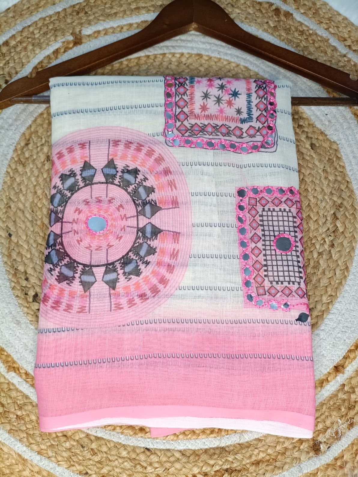 Off White Linen Cotton Saree with Foil Mirror Work and Geometric Embroidery (Pink / Blue / Brown Variants)