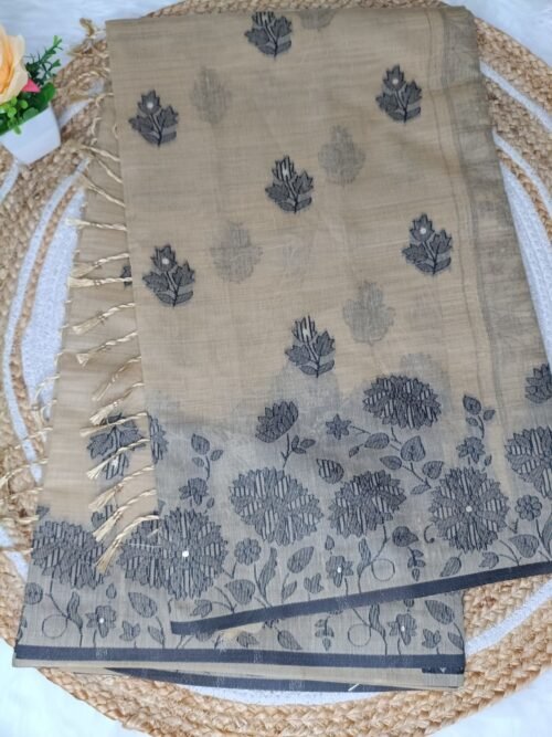 Premium Sand Beige Fancy Cotton Saree with Charcoal Grey Floral Border & Tassels