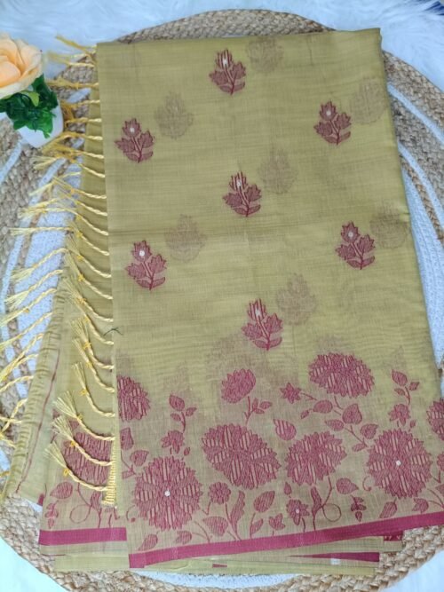 Premium Mustard Olive Fancy Cotton Saree with Wine Maroon Floral Weaving & Tassels