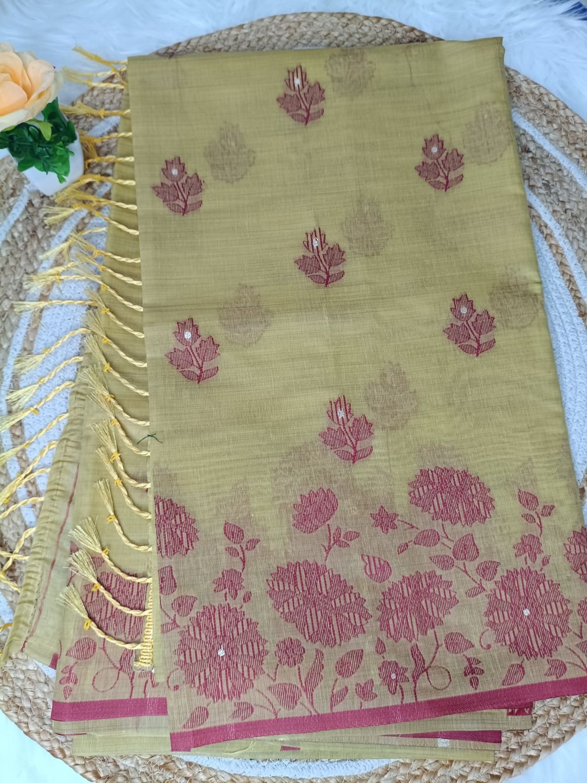 Premium Mustard Olive Fancy Cotton Saree with Wine Maroon Floral Weaving & Tassels