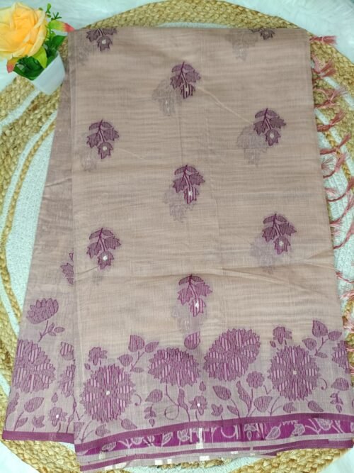 Premium Dusty Taupe Fancy Cotton Saree with Plum Mauve Floral Border & Tassels