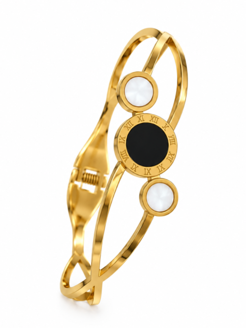 Anti-Tarnish Gold-Tone Bracelet with Black Roman Numeral Dial & White Stone Accents